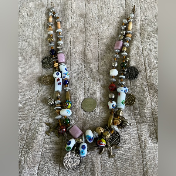 VINTAGE NECKLACE ART GLASS BEAD LAMPWORK CHA CHA CHUNKY DBL STRAND VERY UNIQUE - Picture 10 of 12